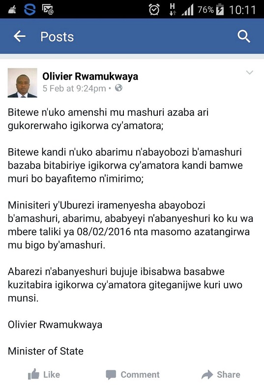 Itangazo rigaragara kuri twitter ya Olivier Rwamukwaya, Umunyamabanga wa Leta muri MINEDUC.