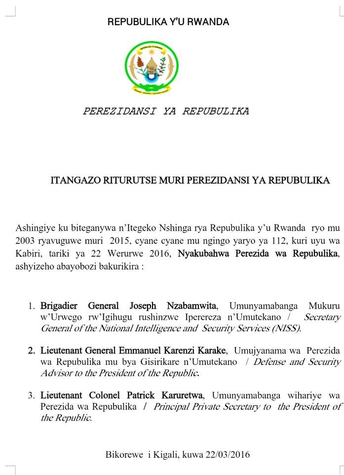 Itangazo rya Perezidansi ya Repuburika y'u Rwanda.
