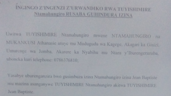 ITANGAZO RYO GUSABA GUHINDURA AMAZINA KWA TUYISHIMIRE NTAMAHUNGIRO